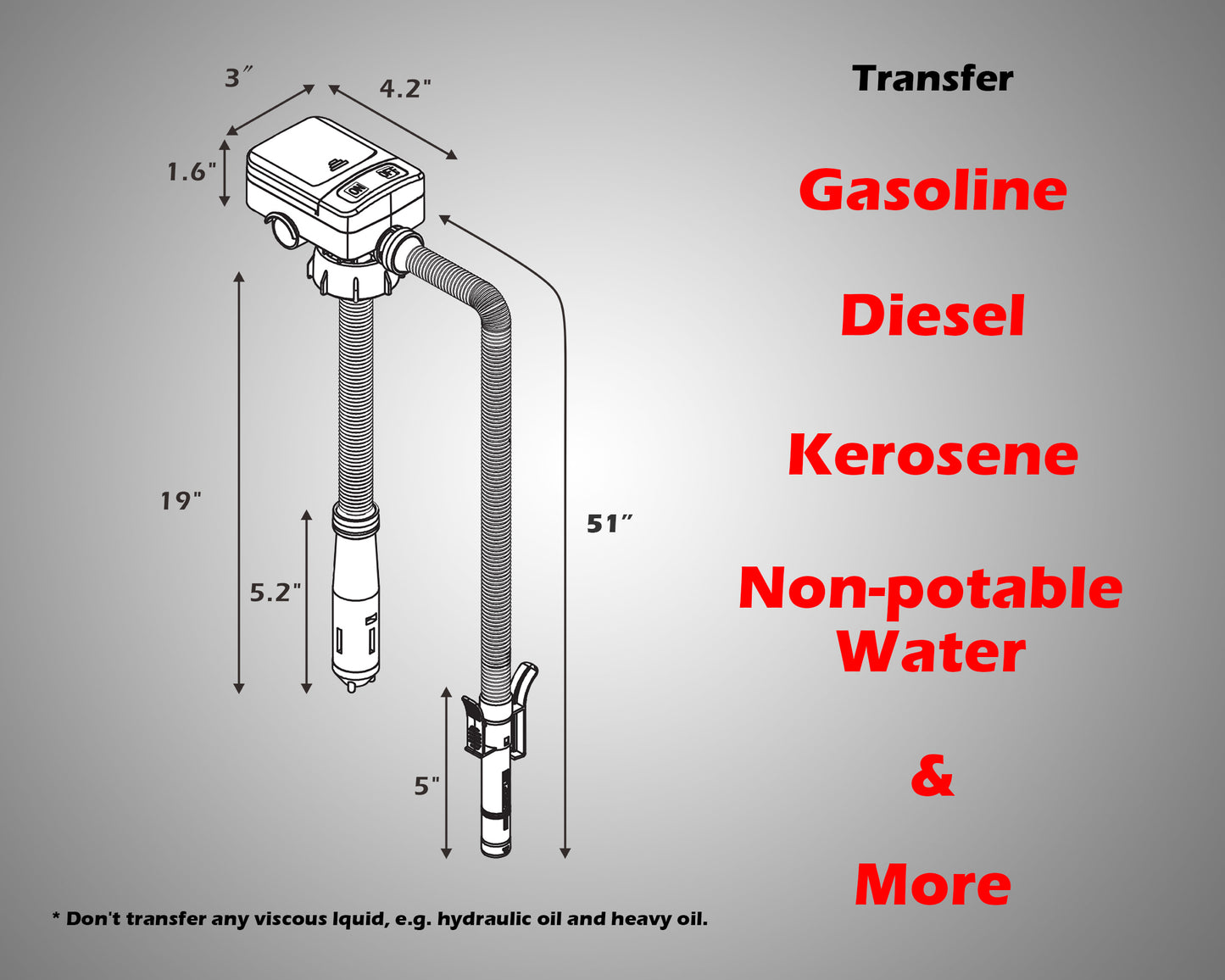 Battery Powered Fuel Transfer Pump/Portable Automatic Siphon Gas Pump for Gasoline Diesel Fuel Fluid Liquid with Auto-stop Flexible Long Hose and 3 Adaptors Fit Most Gas Cans (Outtake Hose 51")