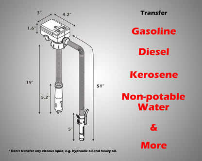 Battery Powered Fuel Transfer Pump/Portable Automatic Siphon Gas Pump for Gasoline Diesel Fuel Fluid Liquid with Auto-stop Flexible Long Hose and 3 Adaptors Fit Most Gas Cans (Outtake Hose 51")