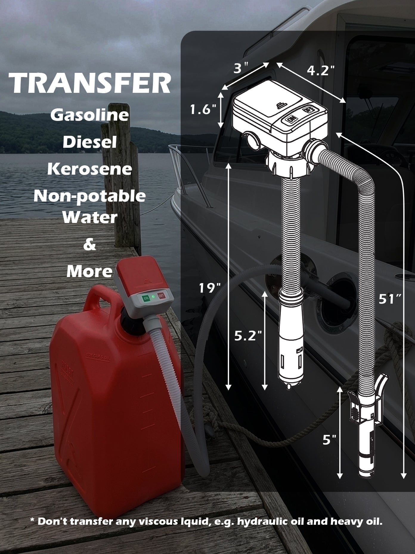 Battery Powered Fuel Transfer Pump/Portable Automatic Siphon Jerry Gas Pump for Gasoline Diesel Fuel Fluid Liquid with Auto-stop Flexible Long Hose and 3 Adaptors Fit Most Gas Cans